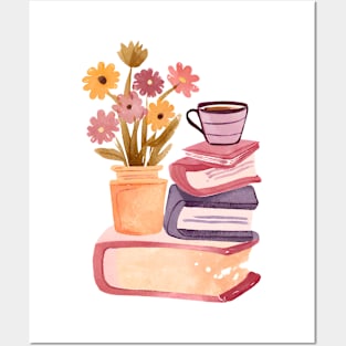 Cute Watercolor Books and Coffee and Flowers Posters and Art